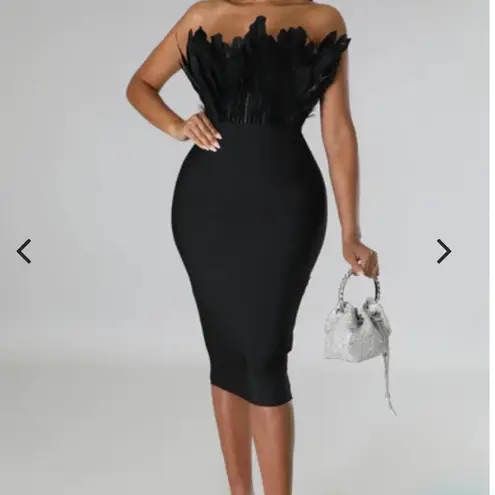 NWT BANDAGE MIDI DRESS WITH FRONT FEATHER DETAIL (BLACK) small