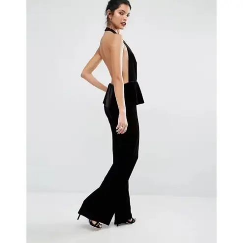 Bec & Bridge Midnight Velvet Jumpsuit Size 2 Black Halter Peplum Straight Leg