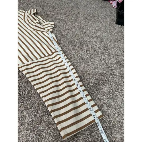 Anthropologie  WHIT Brown Ivory Funnel Neck Dress L Midi Striped Cotton Lagenlook