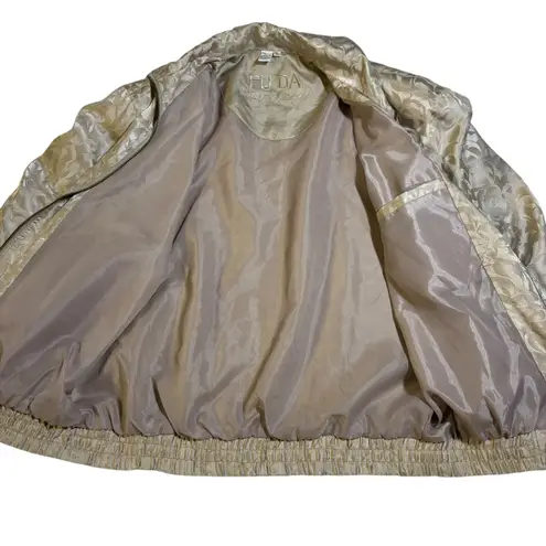 FU DA International Silk Bomber Jacket Full Zip Patterned Beige Women's L Tan Size L