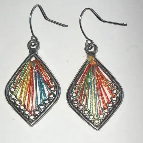 Colorful Thread Silver Tone Boho Dangle Earrings Red