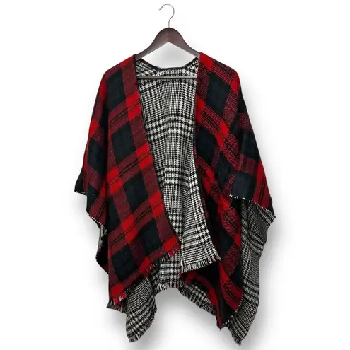 Women's Reversible Tartan Plaid Poncho Multicolor Holiday Festive Cozy