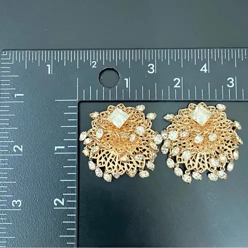 Unique Vintage  Gold-tone Rhinestones Waterfall Ornate Clip On Earrings 22g