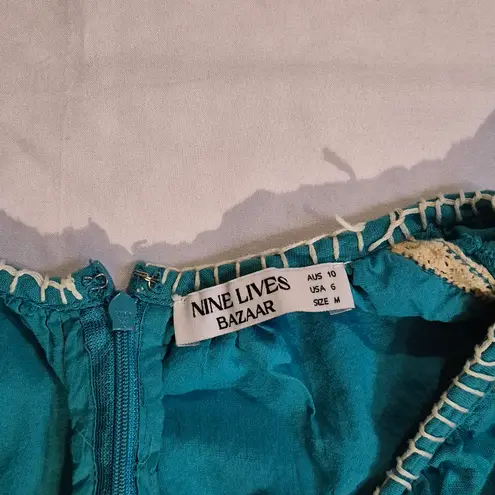 Nine Lives Bazaar Teal Dress with Cream Stitching And Embroidery Size 6 Blue