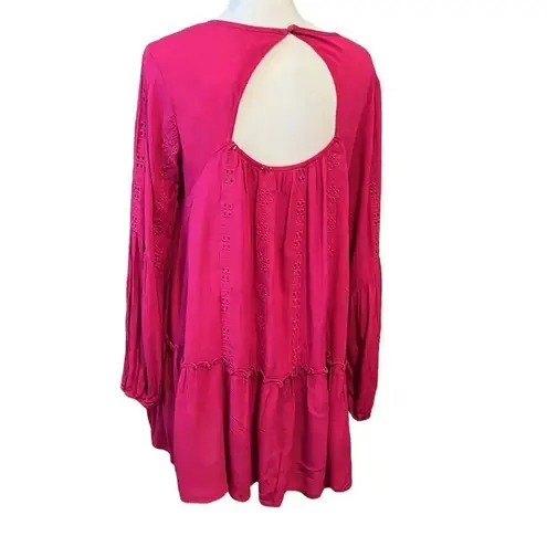 NWT Adiva bright pink LS mini dress or tunic keyhole flowy flouncy ruffles lace Pink