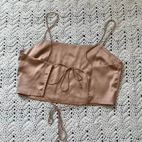 Stolen Hearts Satin Tie Back Crop Tank Top Tan (Small)