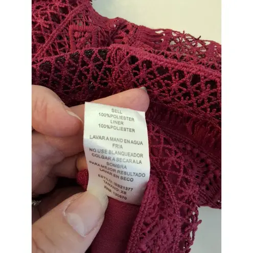 INA Burgundy Lace with Bell Sleeves and Ruffle Collar Elegant Long Sleeve XS Top Red