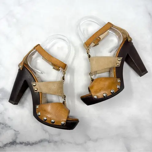 Jimmy Choo Chunky Platform Block Heel Studded O Ring Suede Leather Sandal Heels