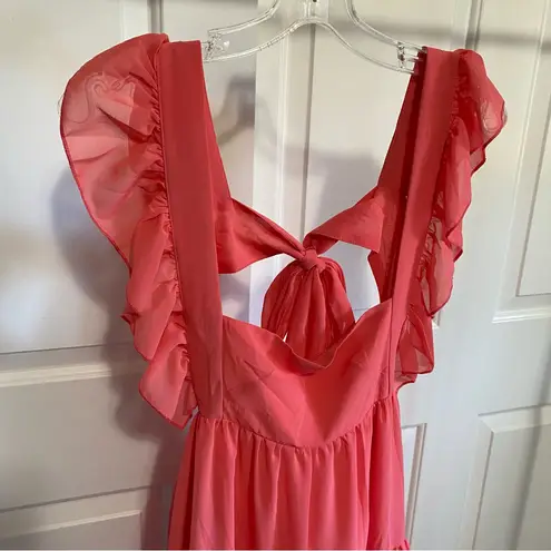 Coral chiffon ruffle tiered apron tie open back mini dress small Red