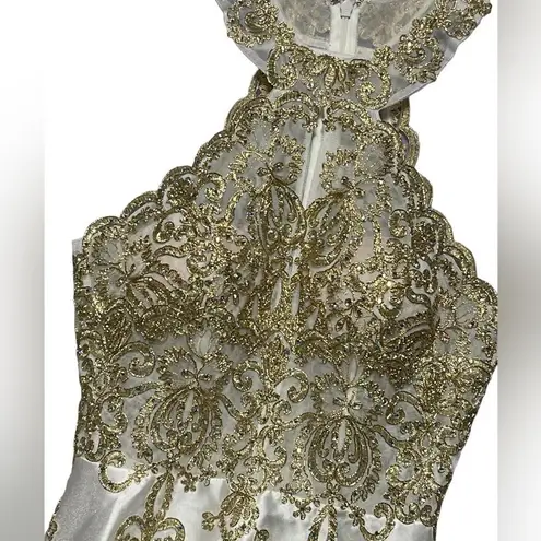 XScape Embellished Embroidered Mikado Party Dress White Gold Size 2 EUC