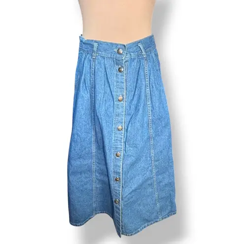 Vintage Cherokee Denim Skirt Made In USA Button Front Midi Americana Western Blue Size M