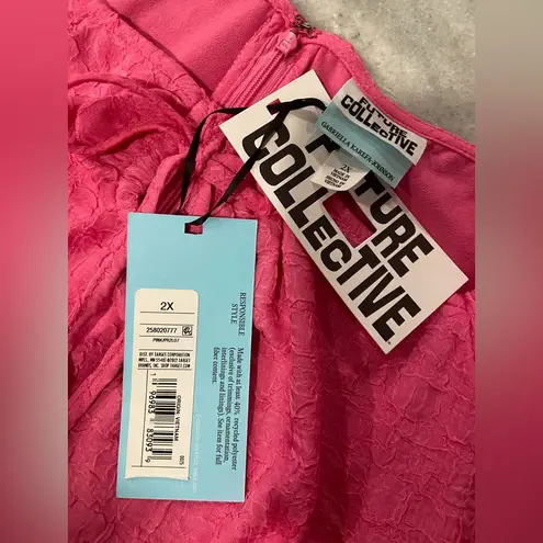 NWT Future Collective Size 2X Pink Tie Neck Keyhole Puff Sleeve Ruffle Top Zip