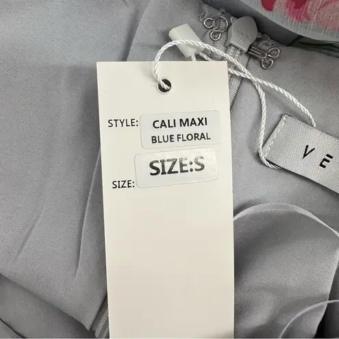 Velvi Cali Maxi Dress in Blue Floral size Small Lace Up Sleeveless Slit Ruffle