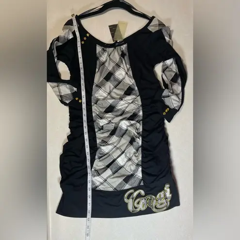 COOGI Bodycon Plaid Dress Long Sleeve Mini Black White Sz Large Vintage Y2K 90s