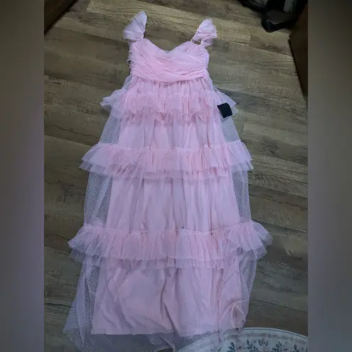 Lulus Pure Radiance Pink Mesh Swiss Dot Tiered Maxi Dress Size XL