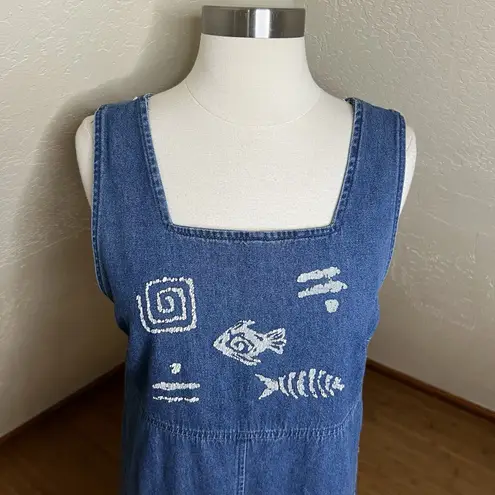 Vintage Blue J Jumper Dress Womens Small 100% Cotton Denim Shift Fish Print Boho