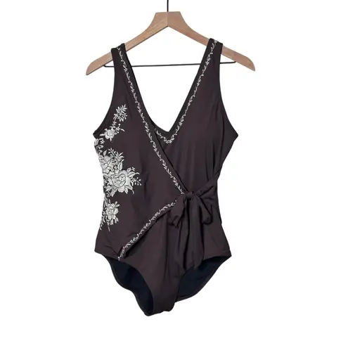 Sundance South Pacific Brown Embroidered One Piece Swimsuit Tie Front Size Large