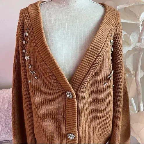 Self Portrait Diamanté Embellished Knit Tan Wool And Cotton Mix Cardigan Brown Size XL