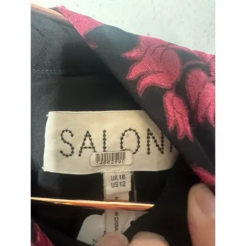 SALONI Black Rouje Floral Mock Neck Puff Sleeves Isa Ruffle Midi Dress Size 12