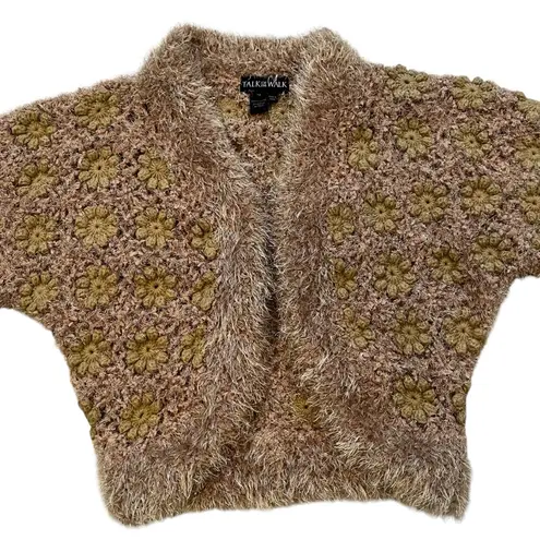 Talk Of The Walk Chunky Knit Crochet Inset Open Front Sweater Cardigan, Sz M Gold Size M