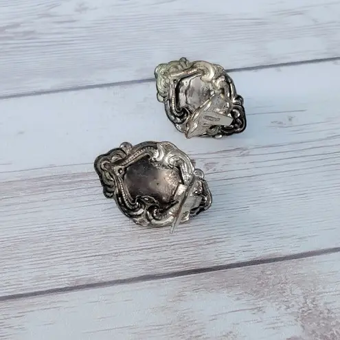 Vintage Clip On Earrings Metallic & Dark Silver Tone Statement Regal