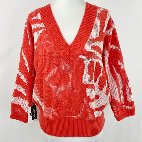 Callahan New Anthropologie Jacquard Knit V-Neck Sweater Tangerine Size Small
