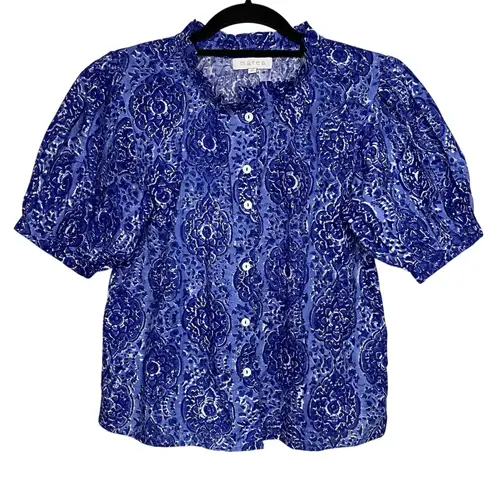 Marea by Liz Joy Women's XS Blouse Boho Cotton Blue Floral Button Up Short Slv