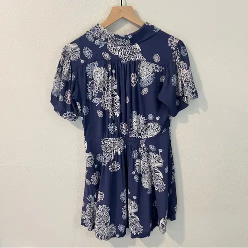 Free People  Size S Blue Hawaii Washed Blue Floral Print‎ Short Sleeve Mini Dress