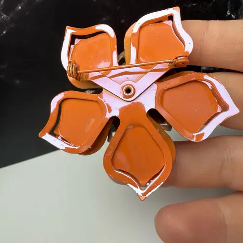 Retro Orange Enamel Metal Flower Brooch Pin AB Aurora Borealis Rhinestone