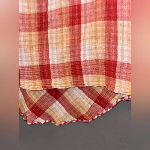 Soft Surroundings  plaid muslin blouse 3/4 sleeve collared buttons red and yellow