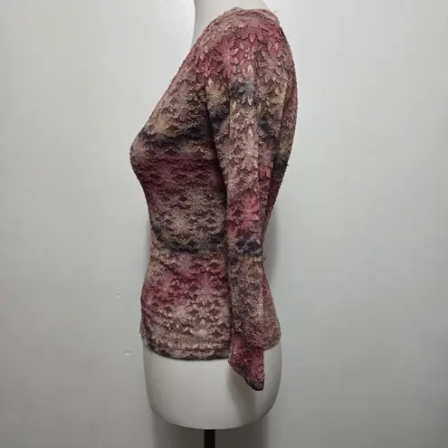 STAR CCC 90s Lace Floral Print 3/4 Sleeve Scoop Neck Top Small Fairy Slims Brown Size undefined