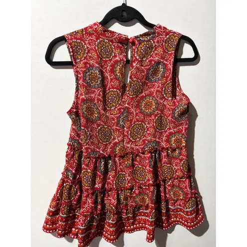 C Lab Sleeveless Tiered Floral V Neck Mock Neck Top Women's Medium Red