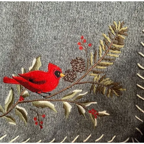 Vintage Gray Bright Cherry Red Cardinal Embroidered Zip Cardigan Sweater Large