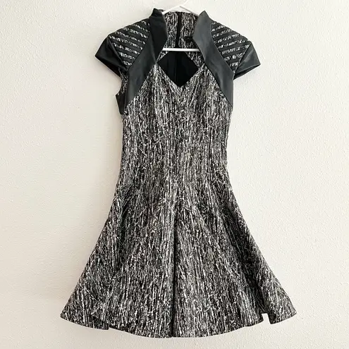 Rubin Singer Vintage Leather Black White Gray Print Collared Flounce Dress 0