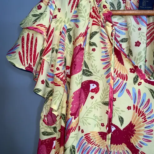 Rachel Roy Red &Yellow Colorful Parrot Print Short Ruffle Sleeve Blouse Large Green Size undefined