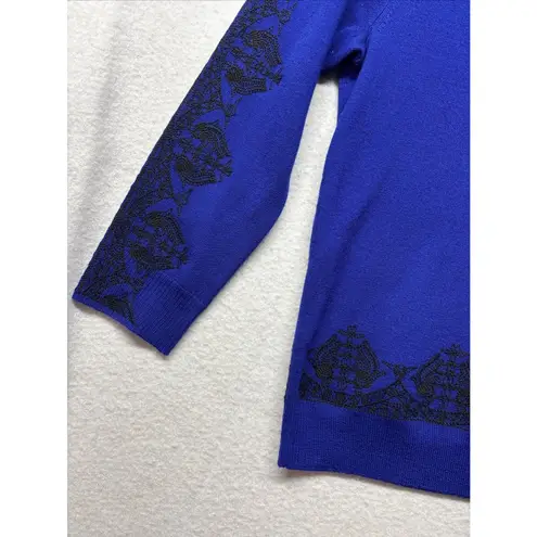 J. Crew Dark Blue Black Embroidered Crew Neck 100% Merino Wool Sweater Size XS