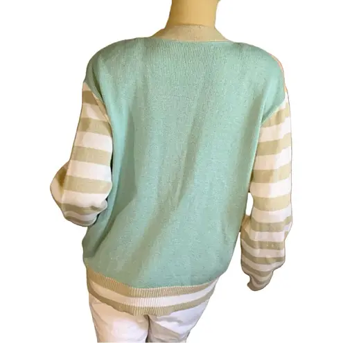 VINTAGE 1990'S PEACH, MINTY BLUE & TAUPE PASTEL COLOR BLOCK CARDIGAN (L) Pink Size L