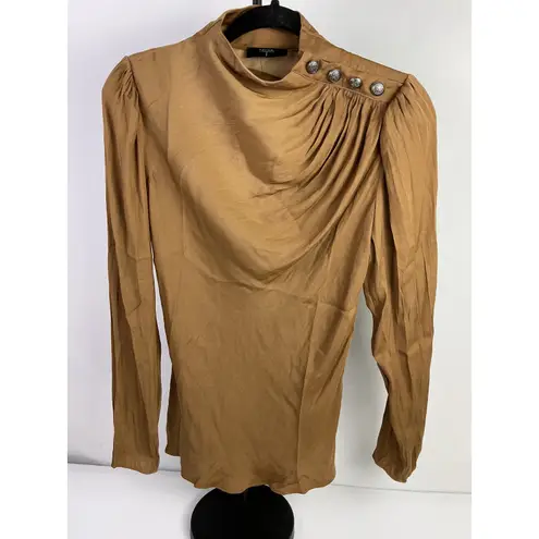 Tahari by ASL Walnut Brown Pleated Button Shoulder Blouse NWT Size S