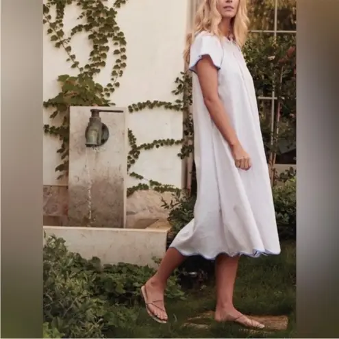 Lake Pajamas Patio Midi Dress in Pale Pink with Blue Scalloped Trim Size Large