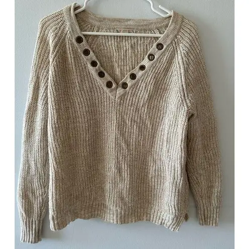 it's our time Sweater Women's Medium Beige V-neck Knit Winter Cabincore Pullover