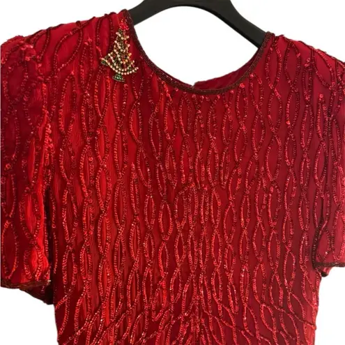 Laurence Kazar 80’s Red Silk Sequins Beaded Short Sleeve Evening Gown Sz 14