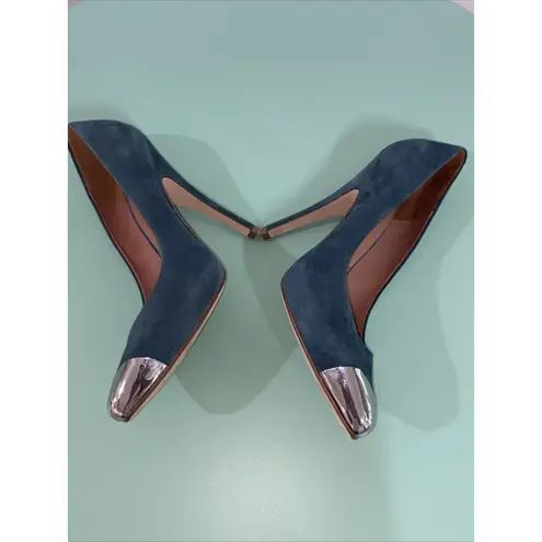 $495 SIGERSON MORRISON Womens Sz 7B green suede silver cap toe pumps shoes