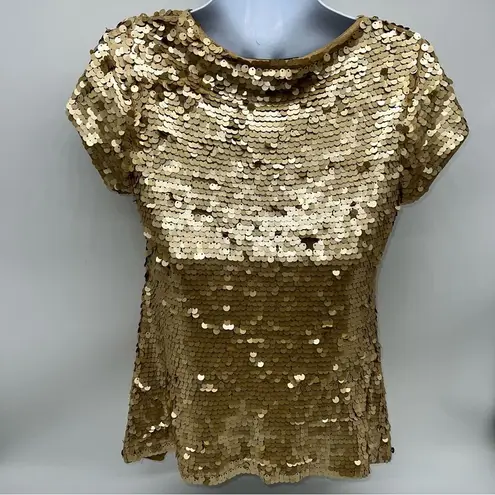 INC International Concept Cowl Draped Neck Short Sleeve Gold Sequined Top
