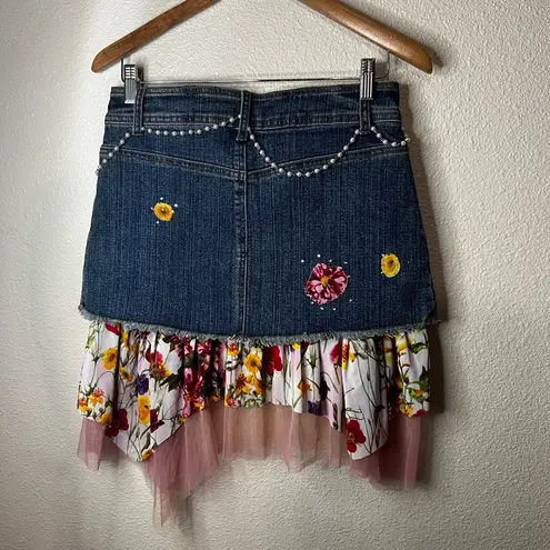 Alberto Makali 4 Blue Denim Mini Skirt Embellished Floral Ruffle layered Y2K NEW