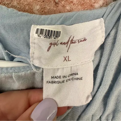 Girl And The Sun Collette Crop Top High Neck Keyhole Back Women’s XL Blue Ruffle