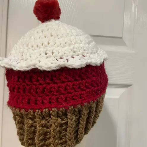 Handmade Crochet Red Velvet Cupcake Beanie Winter Hat Stretch Cozy Comfy Warm