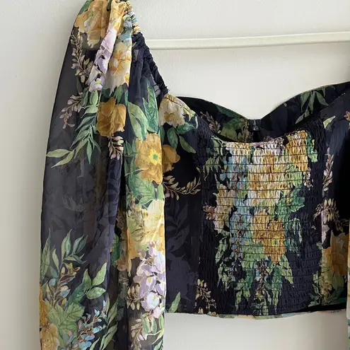 Lulu’s Floral Puff Sleeve Corset Crop Top, Smocked Sweetheart Blouse, Small Black