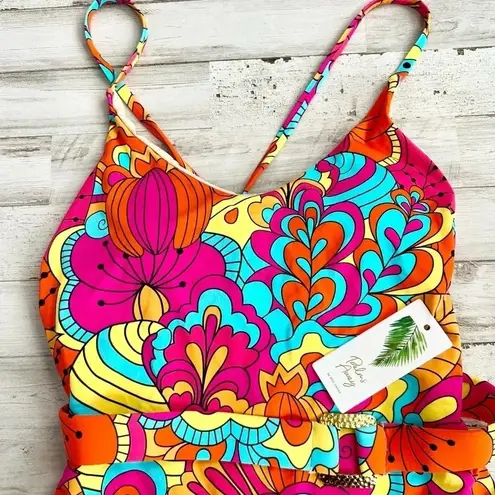 Palms Away Belted One Piece Swimsuit Vibrant Abstract Floral Print Size XS Blue