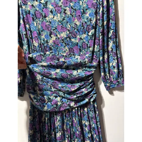Vintage Floral Print Pleated Midi Dress Women's Long Sleeve Ruched Waist Purple Size 8