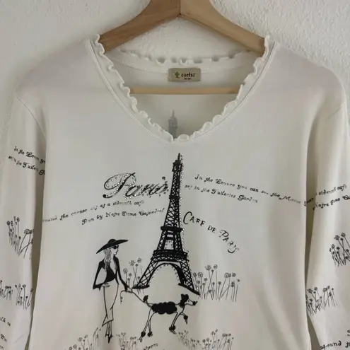 CACTUS Vintage Y2K White Black Paris Eiffel Tower V Neck Graphic Long Sleeve Top Size L